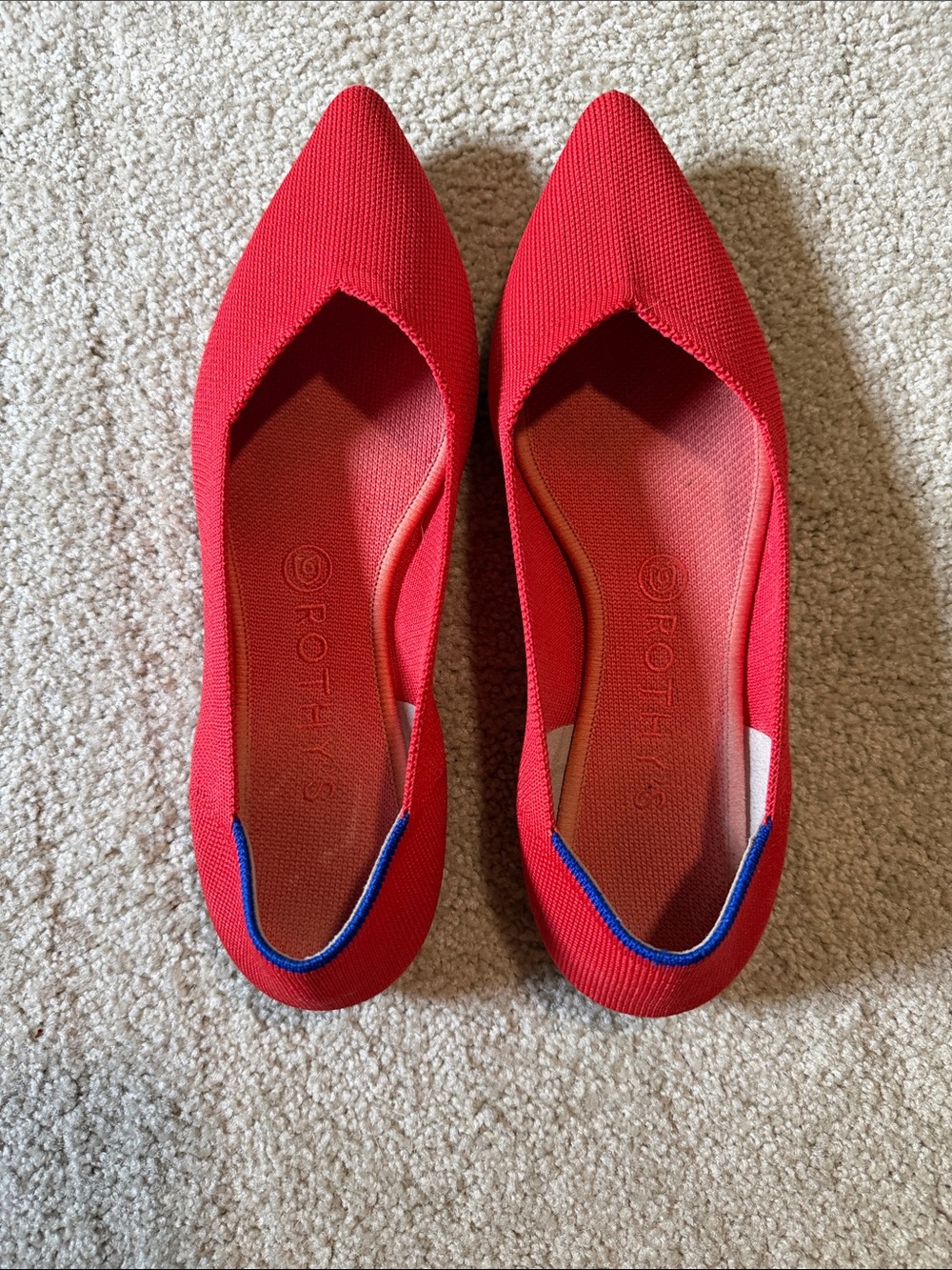 Rothy's Red Pointed-Toe Knit Flats with Blue Trim